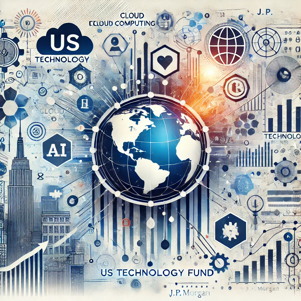 Illustration globale du US Technology Fund de J.P. Morgan, représentant la connectivité et la croissance technologique à travers un globe central entouré de symboles technologiques, soulignant l'innovation et le potentiel de croissance.