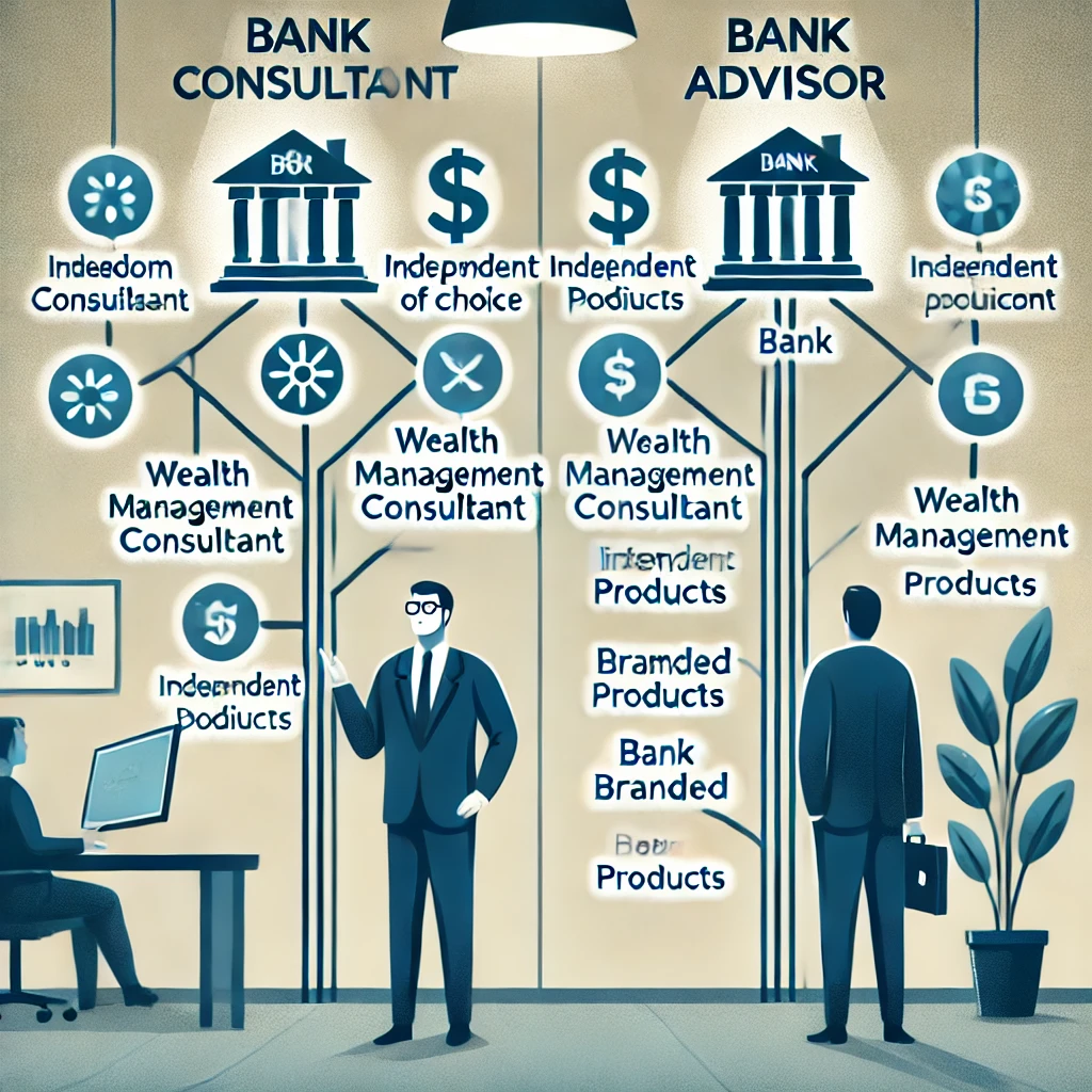 Illustration comparant l'indépendance du consultant en gestion de patrimoine, avec plusieurs options financières, et le conseiller bancaire, limité aux produits de sa banque.