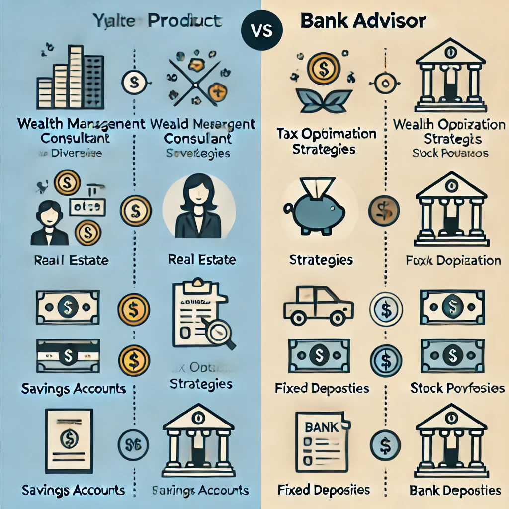 Infographie comparant les produits financiers proposés par un consultant en gestion de patrimoine (investissements immobiliers, optimisation fiscale) et un conseiller bancaire (comptes d'épargne, dépôts à terme)