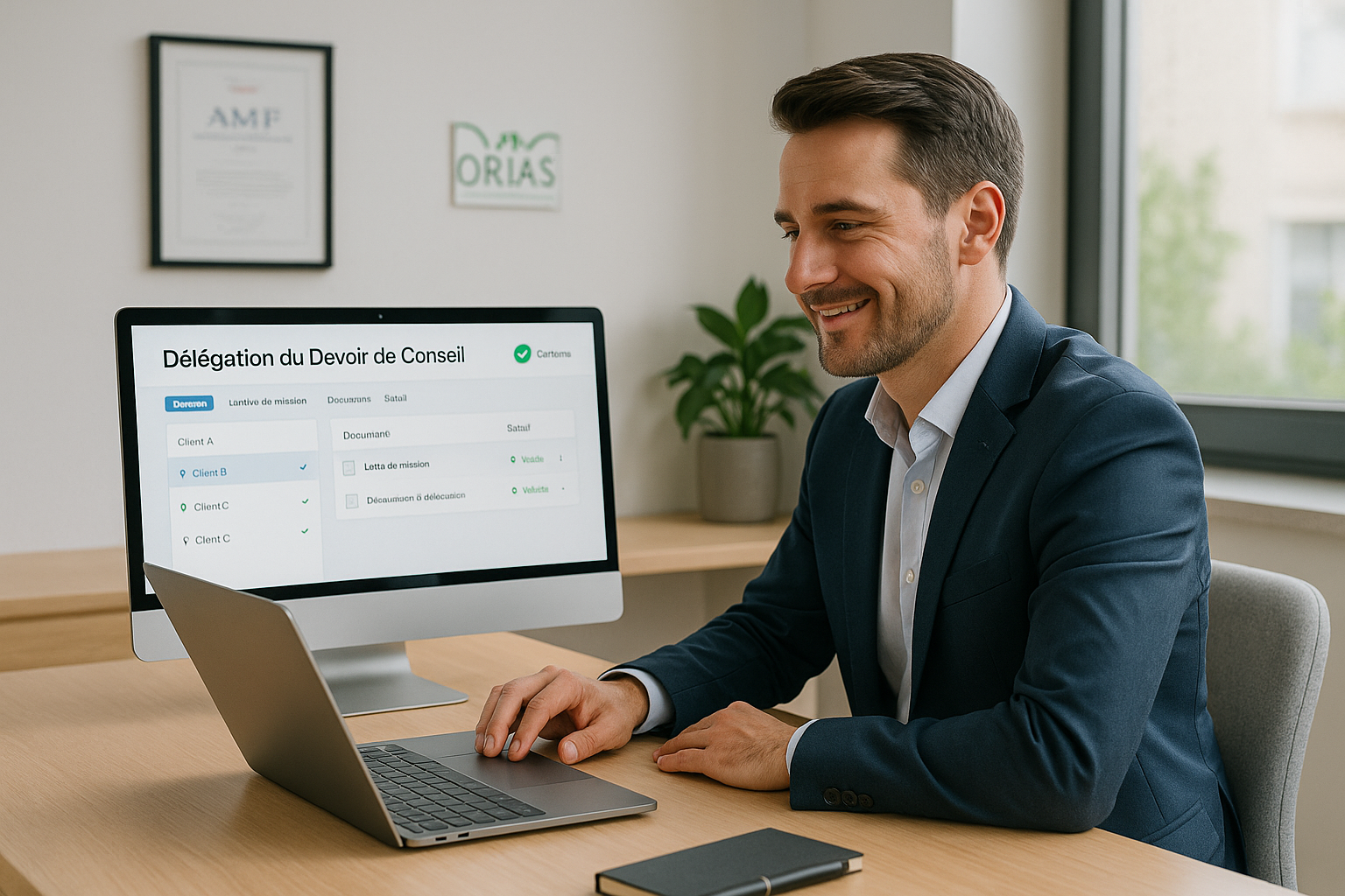 Conseiller en gestion de patrimoine utilisant un logiciel de conformité pour déléguer la rédaction de documents réglementaires avec Fees and You