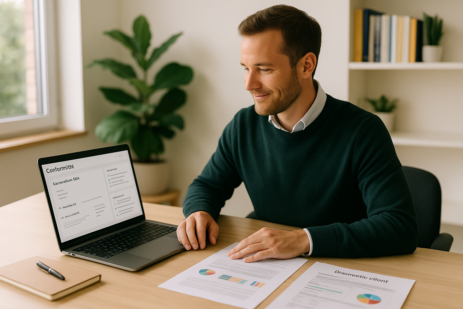 Conseiller en gestion de patrimoine utilisant un logiciel de conformité souverain dans un bureau professionnel lumineux