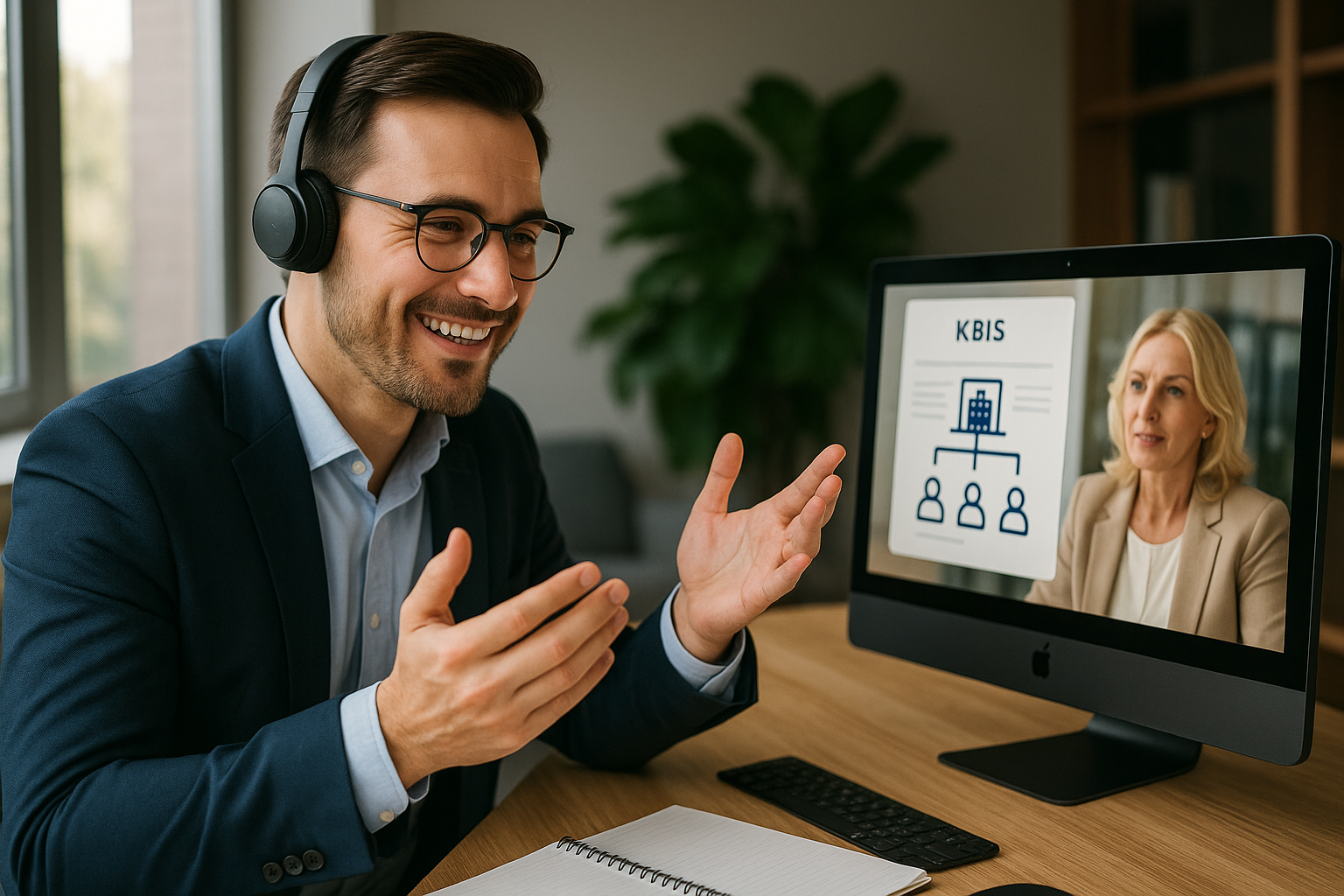 Vidéo Connaissance Client Personne Morale (KYC), Conseiller financier identifiant une entreprise cliente dans le cadre de la connaissance-client-personne-morale : écran avec Kbis, bénéficiaires effectifs, informations légales et conformité LCB-FT