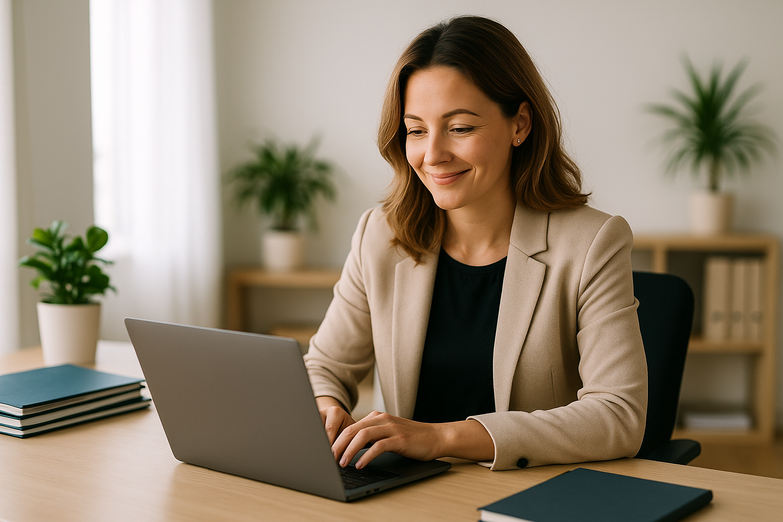 Conseillère en investissements financiers indépendante dans un bureau professionnel avec logiciel de conformité