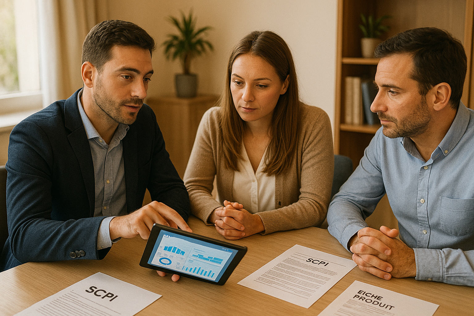 creation-cabinet-cgp : CGP en rendez-vous avec un couple et outil CRM sur tablette