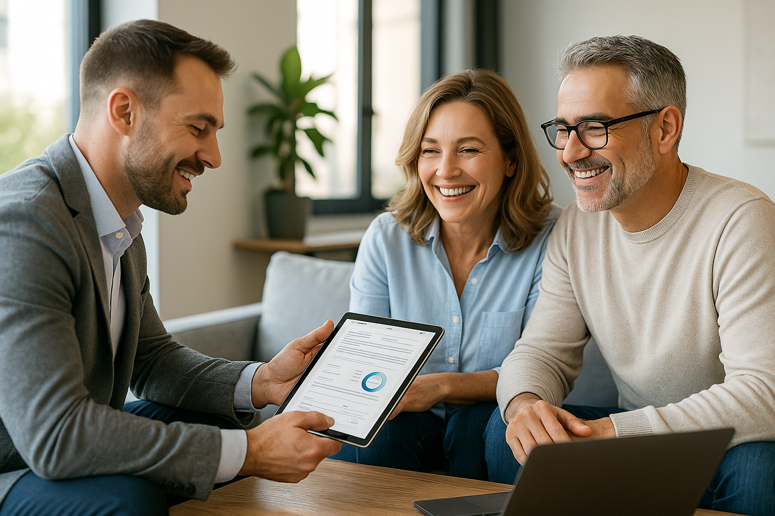 Conseiller CGP présentant une Déclaration d’Adéquation à ses clients sur tablette