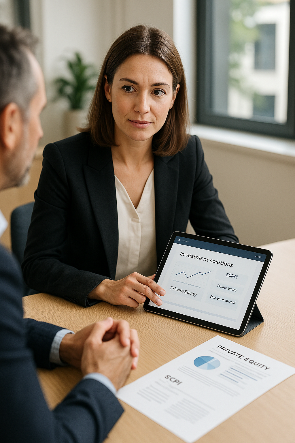 Démarcheur Financier en rendez-vous avec un client pour proposer des solutions d’investissement comme la SCPI ou le Private Equity