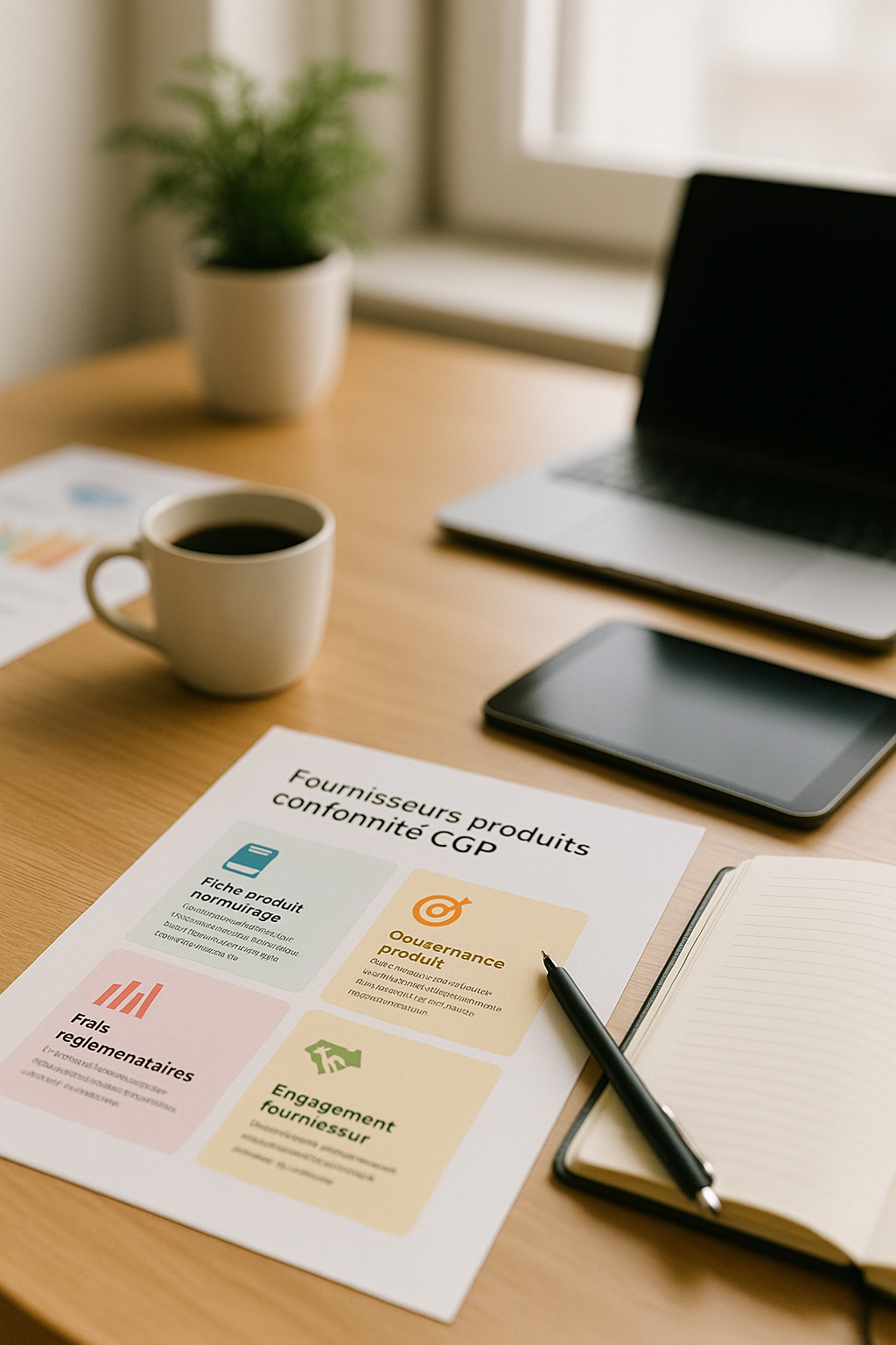 Fournisseurs produits conformité CGP — bureau professionnel avec fiche produit, ordinateur, tablette et carnet