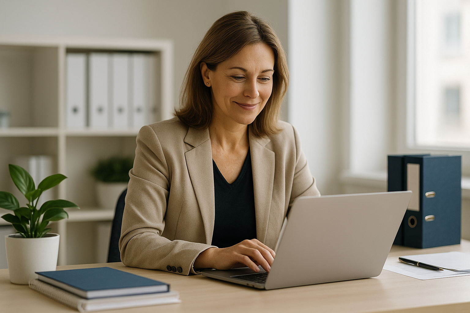 Intermédiaire en assurance utilisant un logiciel de conformité automatisé dans un bureau professionnel