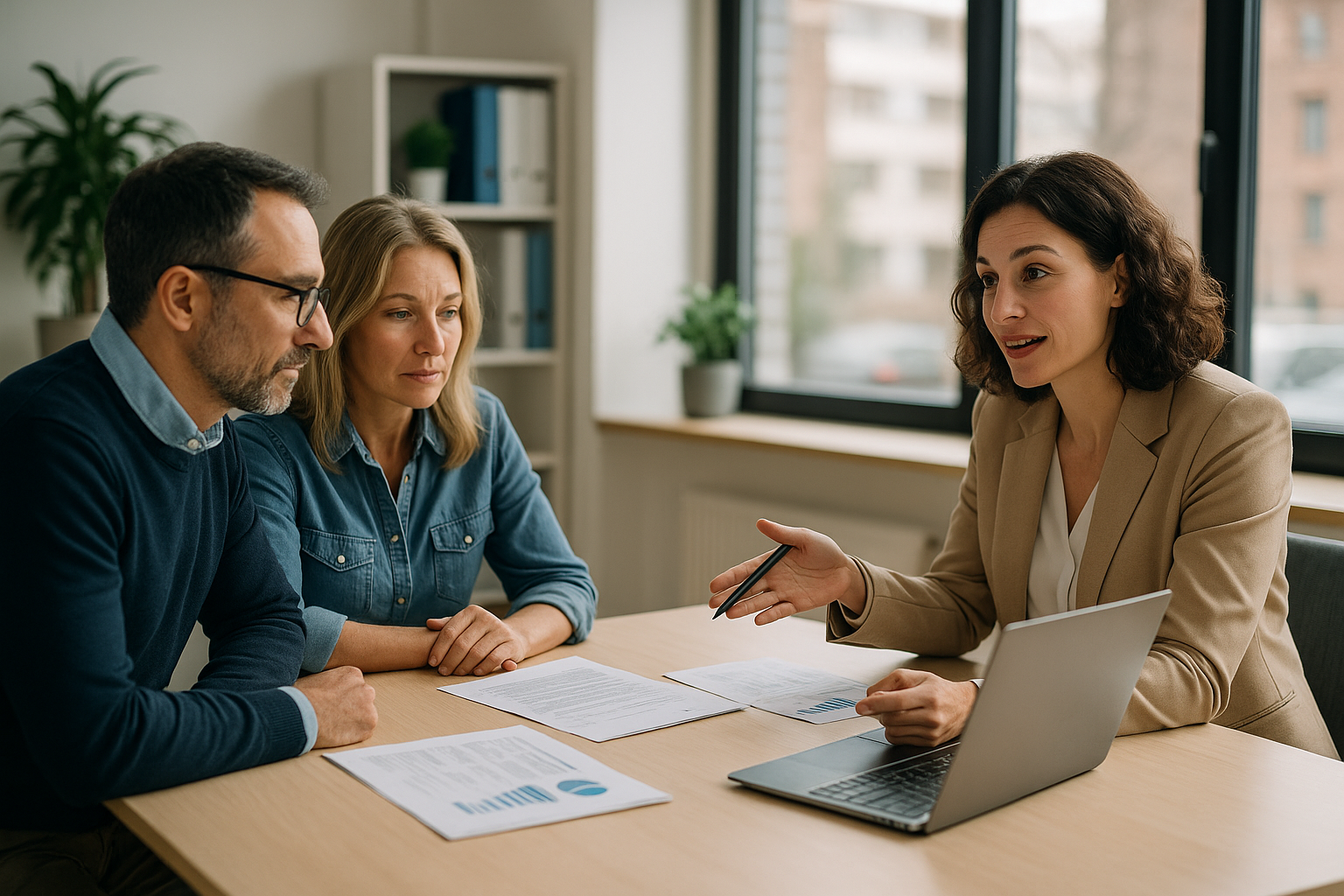 Conseillère en gestion de patrimoine en rendez-vous avec des clients dans un bureau structuré, professionnel et conforme MiFID II