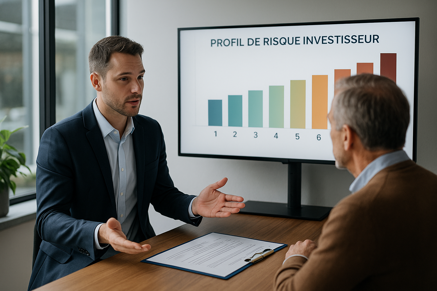 Conseiller en gestion de patrimoine expliquant une échelle de profil de risque investisseur de 1 à 7 à un client