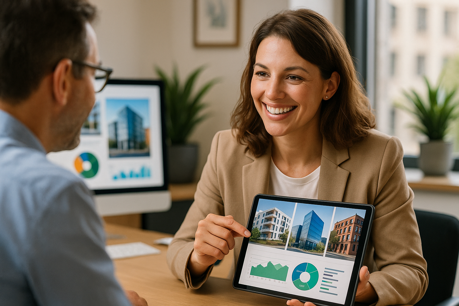 Une conseillère en gestion de patrimoine présente à un client différentes SCPI avec visuels immobiliers et graphiques de performance